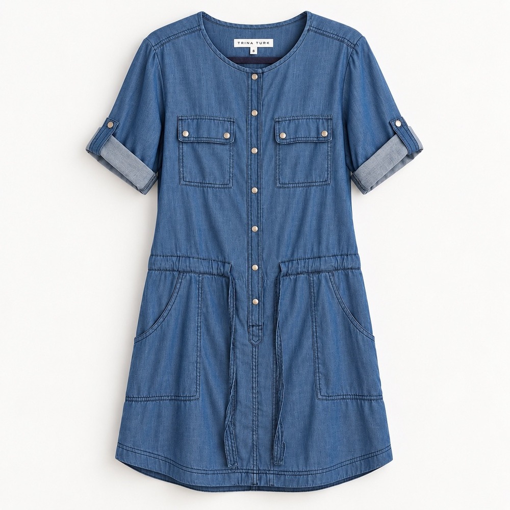 Trina Turk Chambray Utility Shirt Dress Size 8 Blue Lyocell Cotton Made in USA